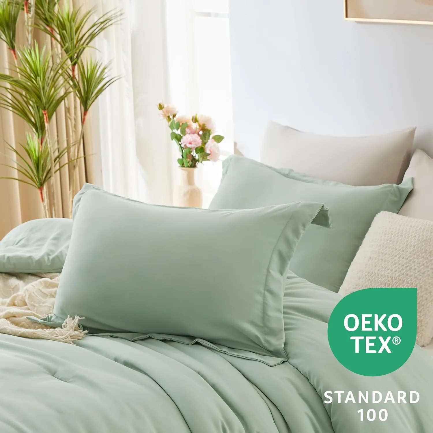 CozyLux Full Size Comforter Sets Sage Green 7 Pieces Full Bed in a Bag Bedding Set Contrasting Design with Comforter, Flat Sheets, Fitted Sheet, Pillowcases & Shams, Sage Green and Beige