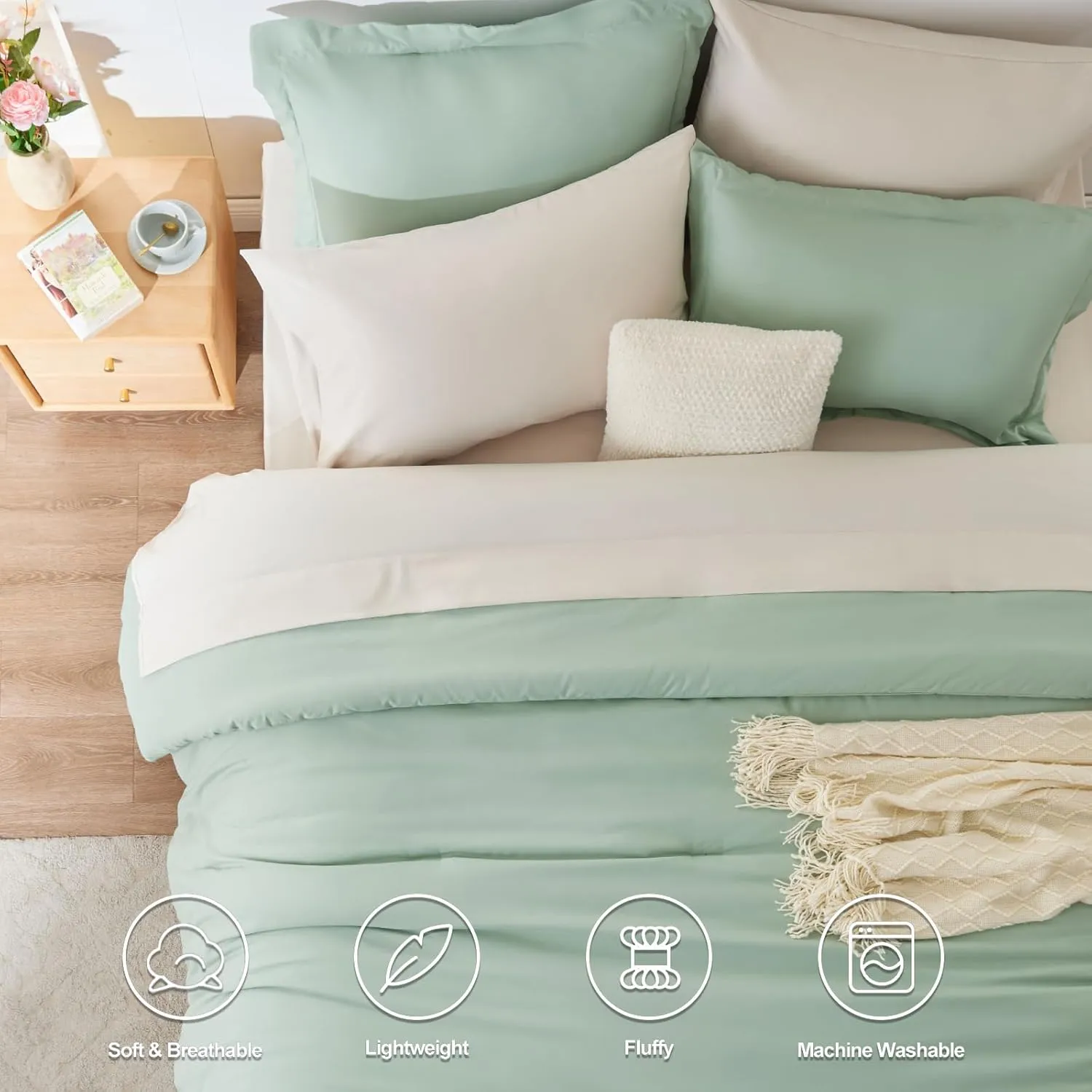 CozyLux Full Size Comforter Sets Sage Green 7 Pieces Full Bed in a Bag Bedding Set Contrasting Design with Comforter, Flat Sheets, Fitted Sheet, Pillowcases & Shams, Sage Green and Beige