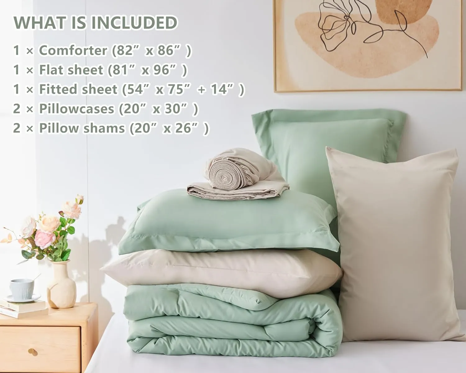 CozyLux Full Size Comforter Sets Sage Green 7 Pieces Full Bed in a Bag Bedding Set Contrasting Design with Comforter, Flat Sheets, Fitted Sheet, Pillowcases & Shams, Sage Green and Beige