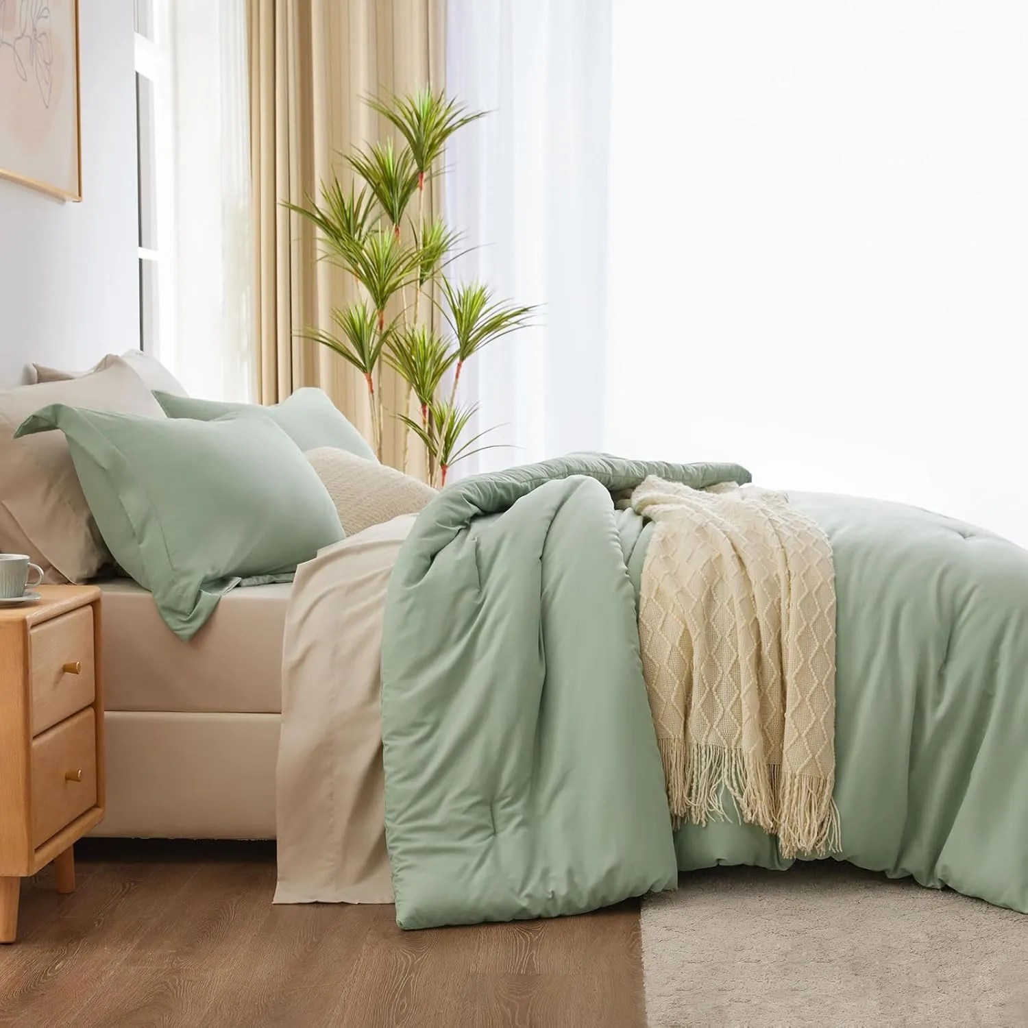CozyLux Full Size Comforter Sets Sage Green 7 Pieces Full Bed in a Bag Bedding Set Contrasting Design with Comforter, Flat Sheets, Fitted Sheet, Pillowcases & Shams, Sage Green and Beige
