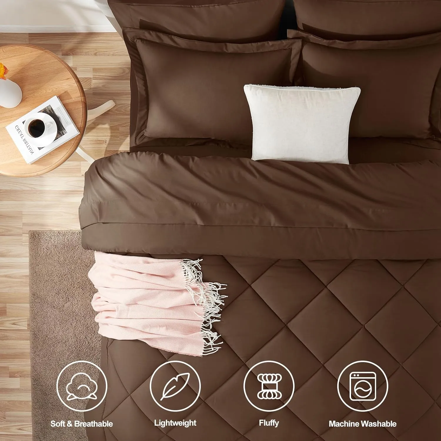 CozyLux Queen Comforter Set Brown - Bed in a Bag Queen Size 7 Pieces, Luxury Soft Bed Set for All Seasons, Bedding Set with Down Alternative Comforter, Sheets, Pillowcases & Shams