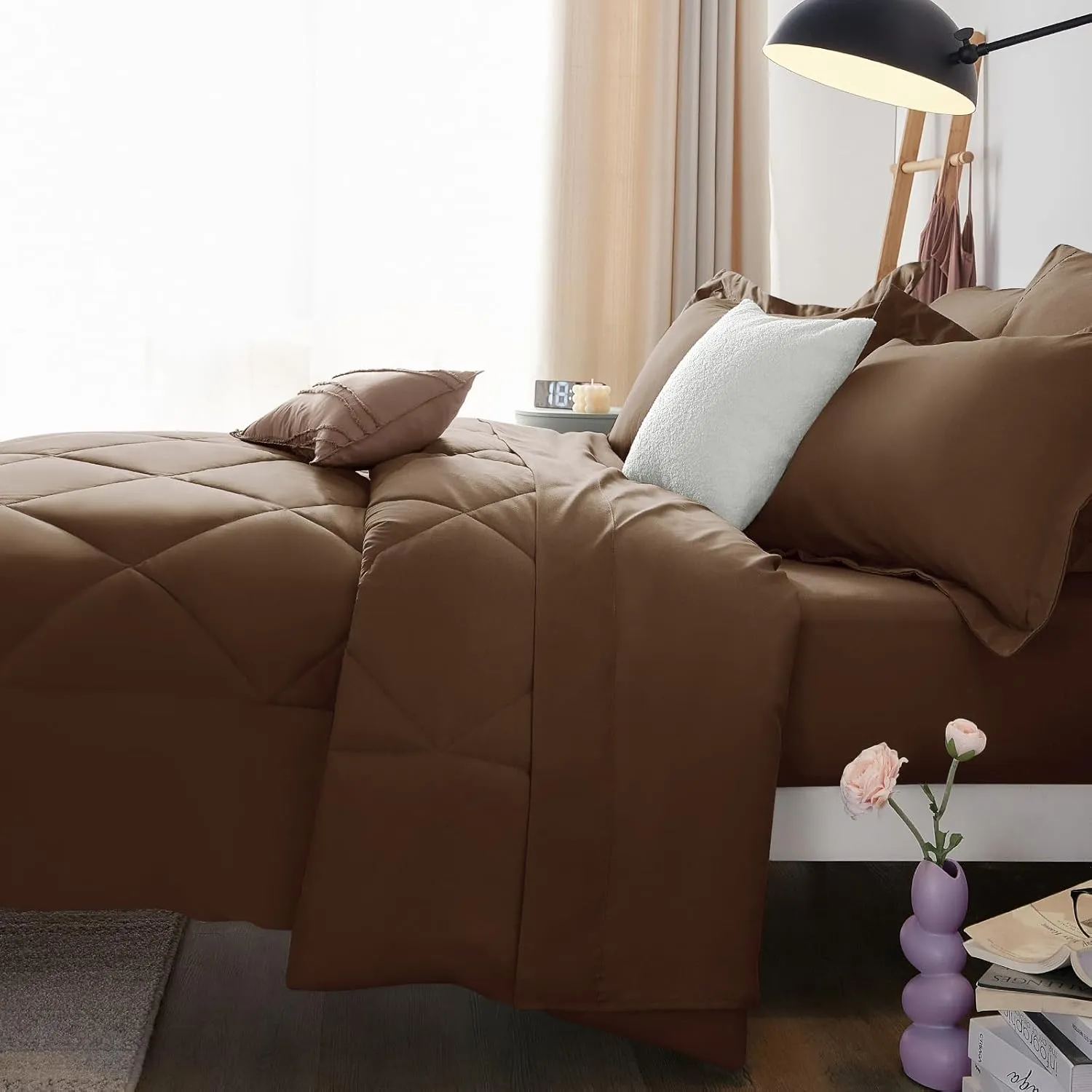 CozyLux Queen Comforter Set Brown - Bed in a Bag Queen Size 7 Pieces, Luxury Soft Bed Set for All Seasons, Bedding Set with Down Alternative Comforter, Sheets, Pillowcases & Shams