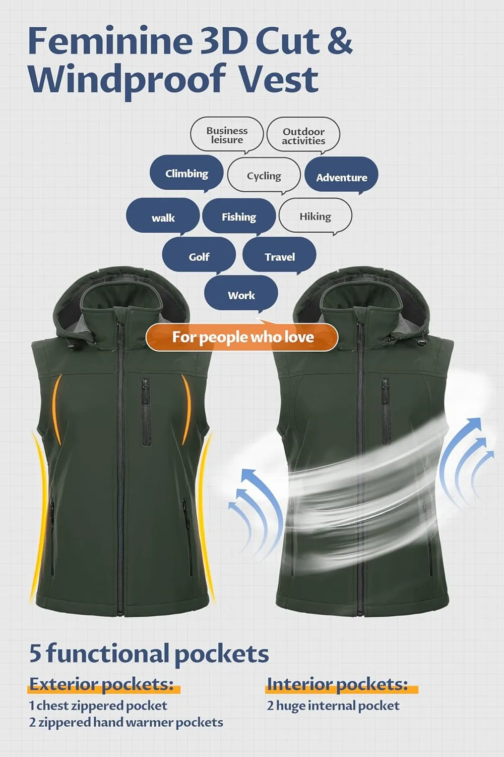 CREATMO US Women's Lightweight Softshell Vest Outerwear Windbreaker Sleeveless Jacket With Removable Hood
