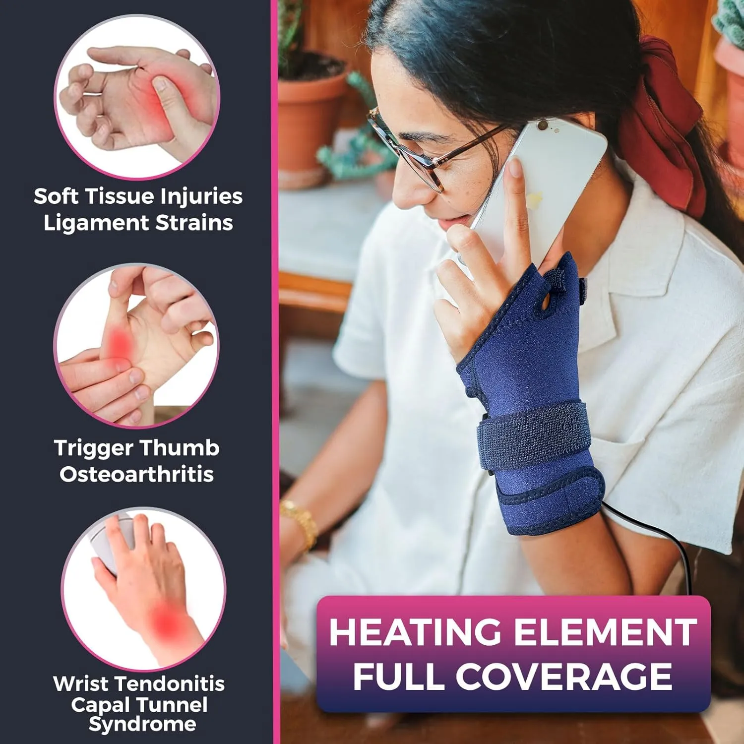 CREATRILL Thumb & Wrist Brace for Carpal Tunnel Relief, Electric Hand Heating Pad for CMC Joint Thumb Arthritis, Tendonitis, Wrist Support