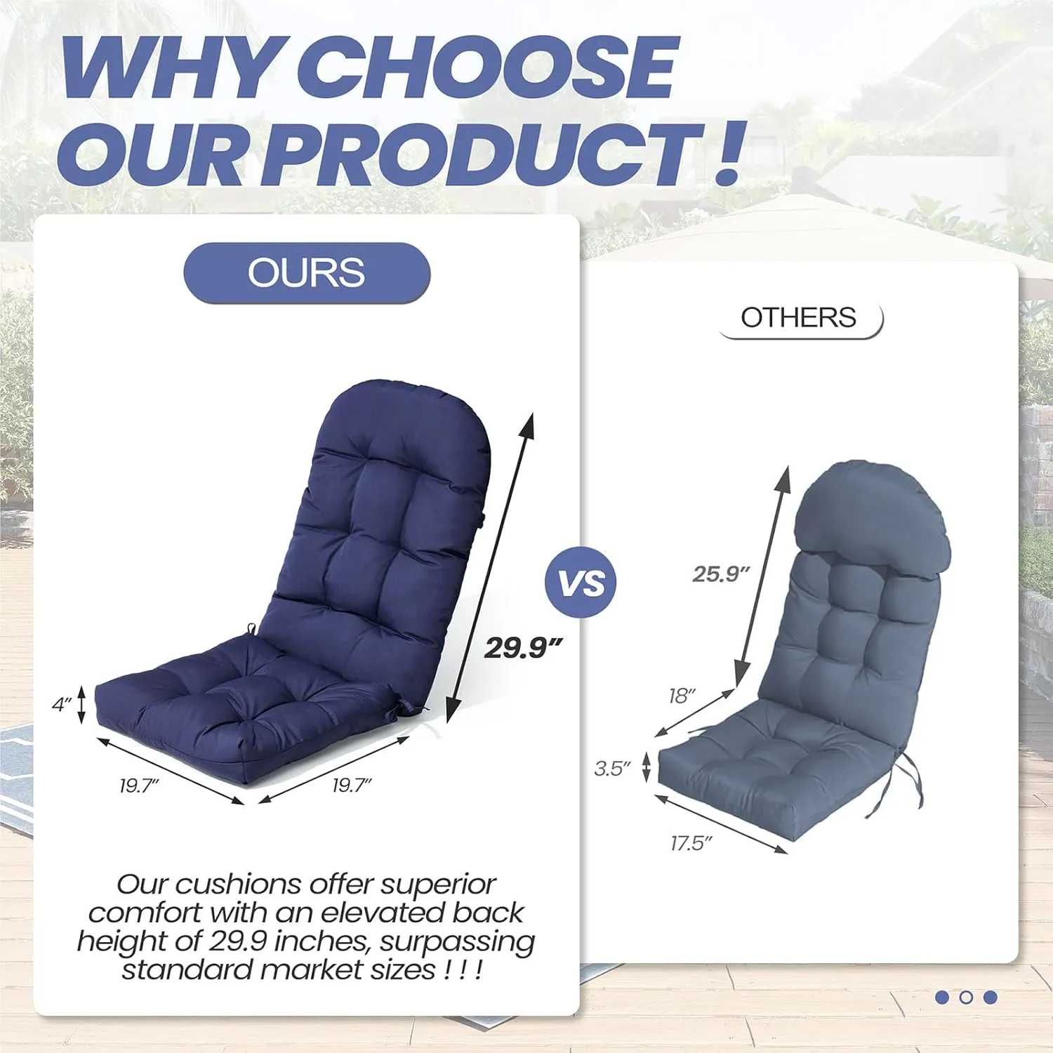 Crestlive Products Adirondack Chair Cushion, Rocking Chair Cushions High Back Set of 2, Thickened Patio Chair Pad for Indoor&Outdoor, Water Resistant Cushions for Adirondack Chair, 50x20x4 Inch, Navy