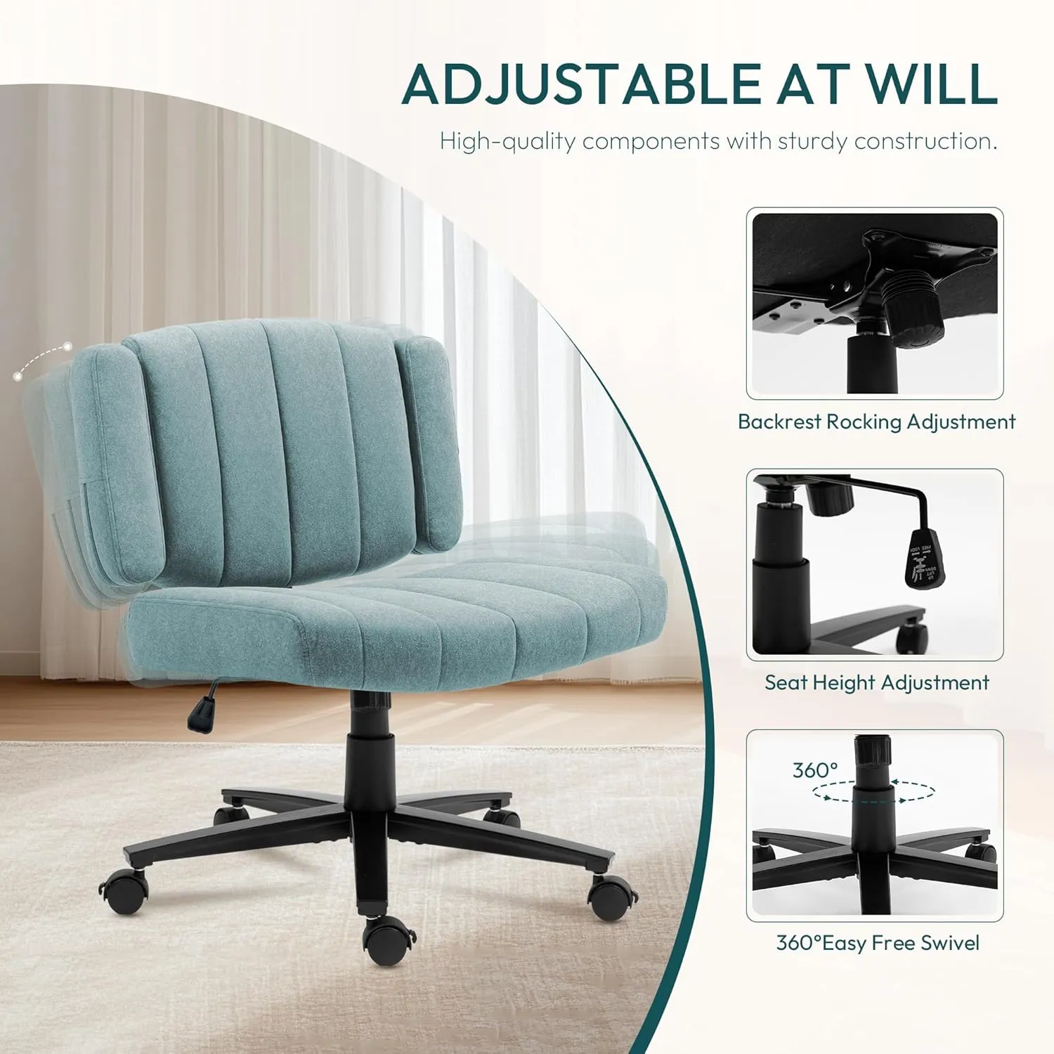 Criss Cross Wheeled Chair - Adaptable Comfort for Every Need, High-Backed, with Adjustable Wide Armrests, Anti-Skid Fabric Upholstery, and a Sleek Modern Aesthetic for Home Office Use