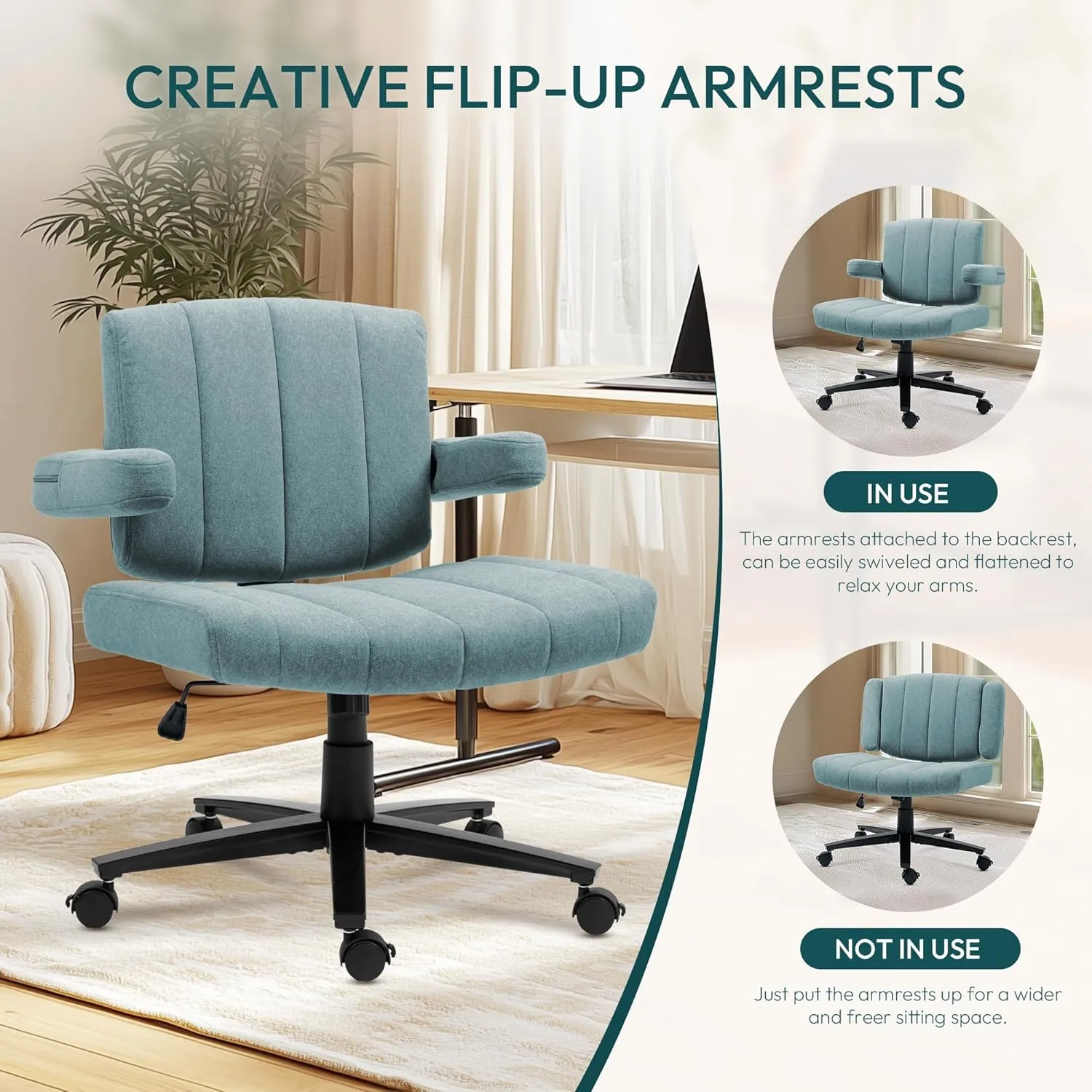 Criss Cross Wheeled Chair - Adaptable Comfort for Every Need, High-Backed, with Adjustable Wide Armrests, Anti-Skid Fabric Upholstery, and a Sleek Modern Aesthetic for Home Office Use