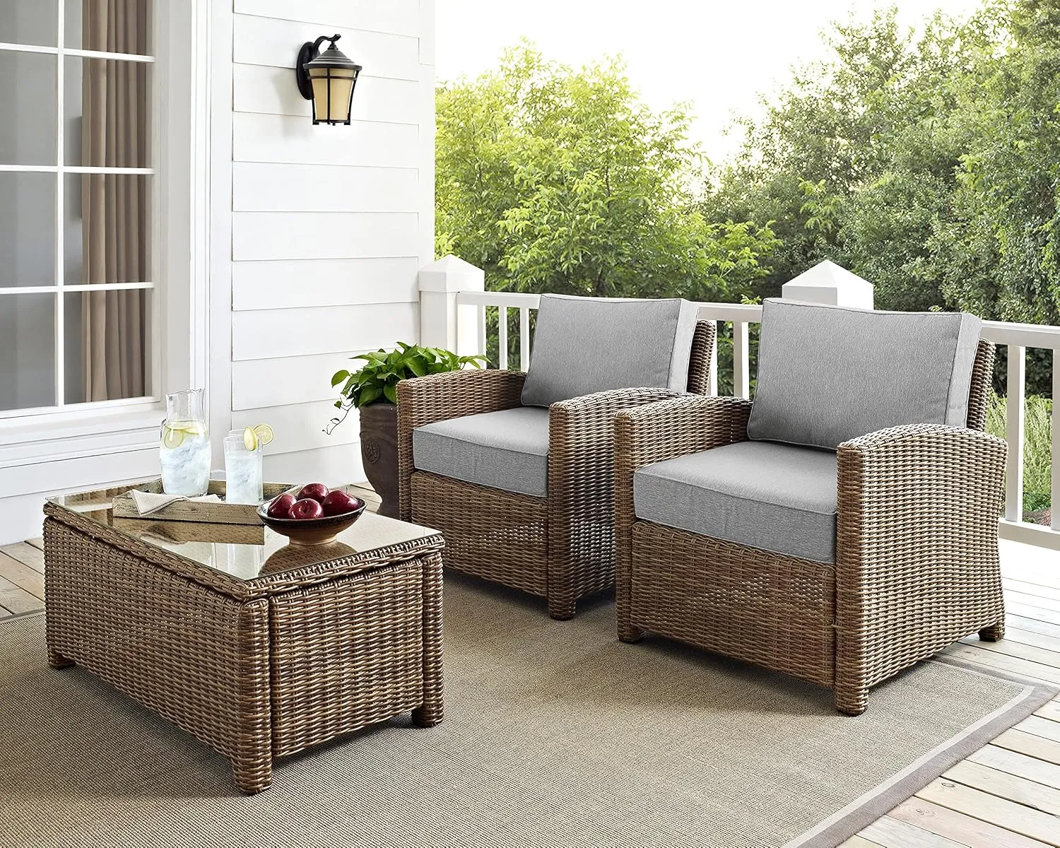 Crosley Furniture Bradenton 2-Piece Outdoor Chair Set, Wicker Patio Chairs for Conversation, Porch, Deck, Brown with Gray Cushions