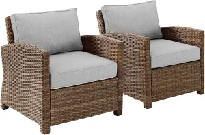 Crosley Furniture Bradenton 2-Piece Outdoor Chair Set, Wicker Patio Chairs for Conversation, Porch, Deck, Brown with Gray Cushions