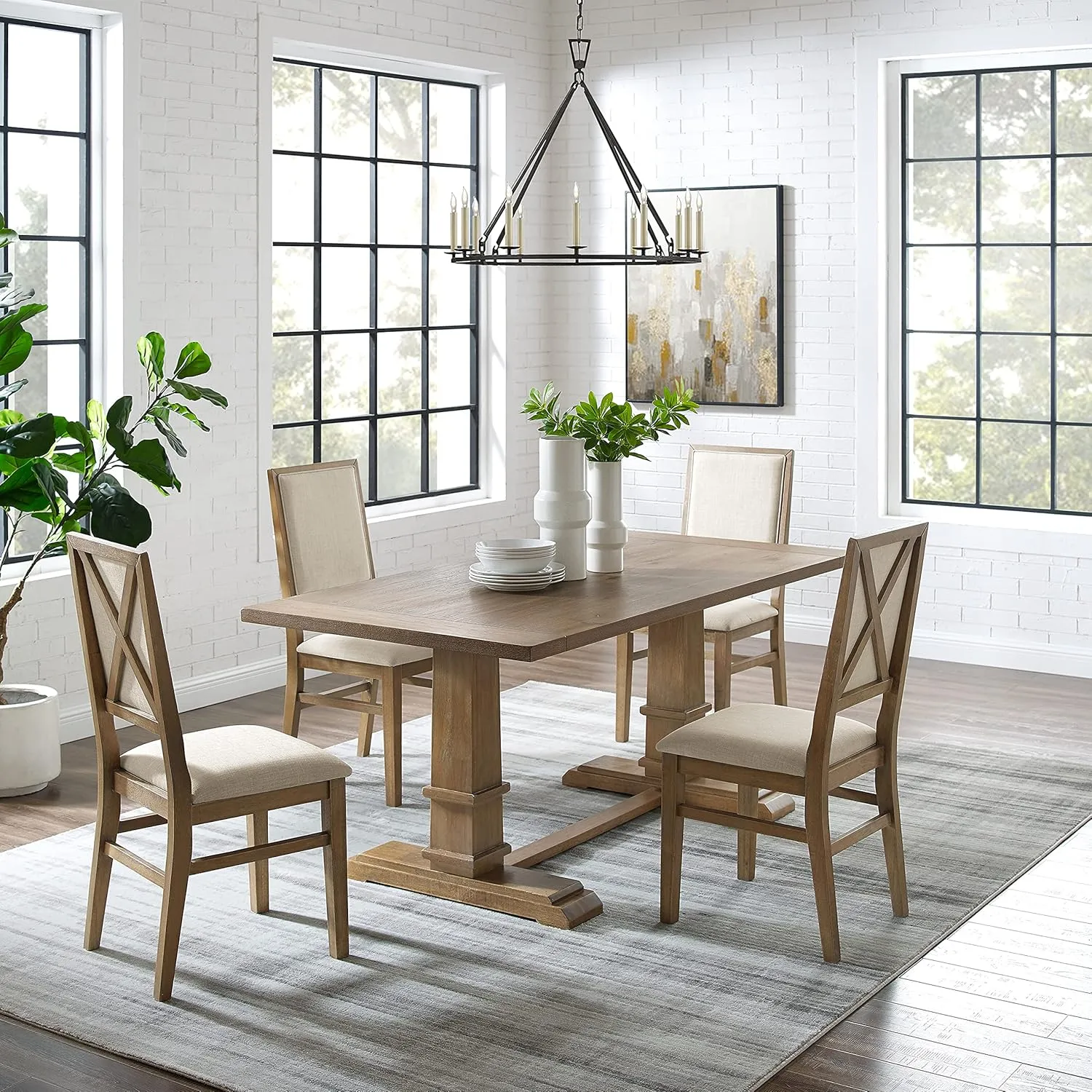 Crosley Furniture Joanna 5-Piece Modern Farmhouse Dining Table Set for 4 with Upholstered Chairs, Rustic Brown/Creme