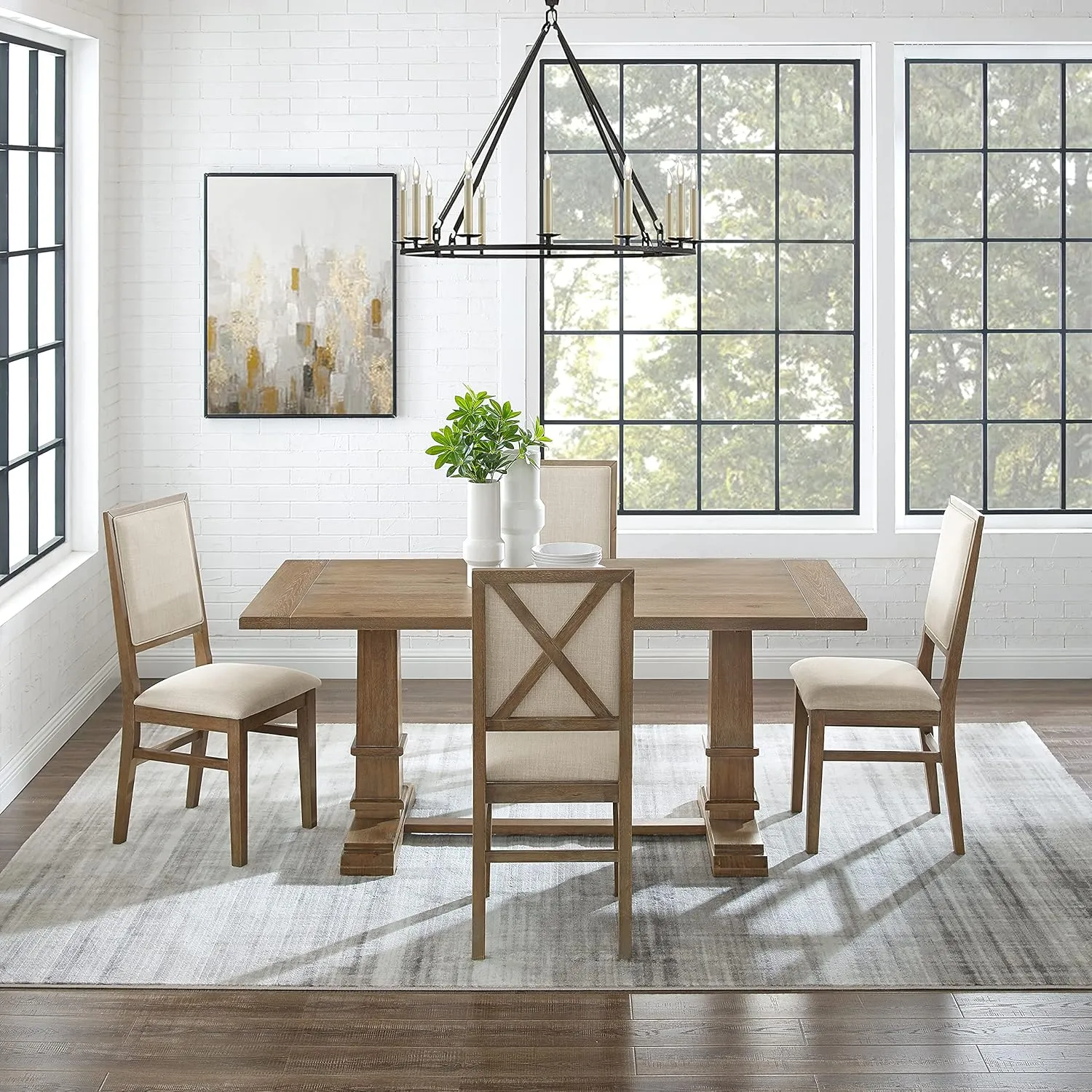Crosley Furniture Joanna 5-Piece Modern Farmhouse Dining Table Set for 4 with Upholstered Chairs, Rustic Brown/Creme