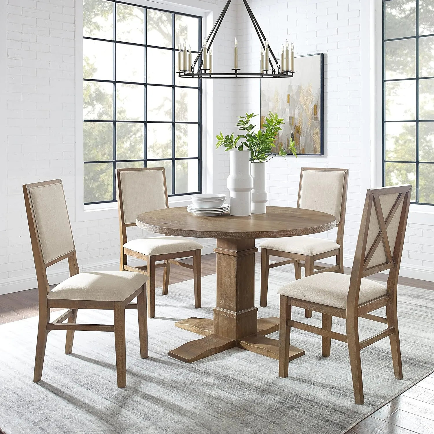 Crosley Furniture Joanna 5-Piece Modern Farmhouse Round Dining Table Set for 4 with Upholstered Chairs, Rustic Brown/Creme