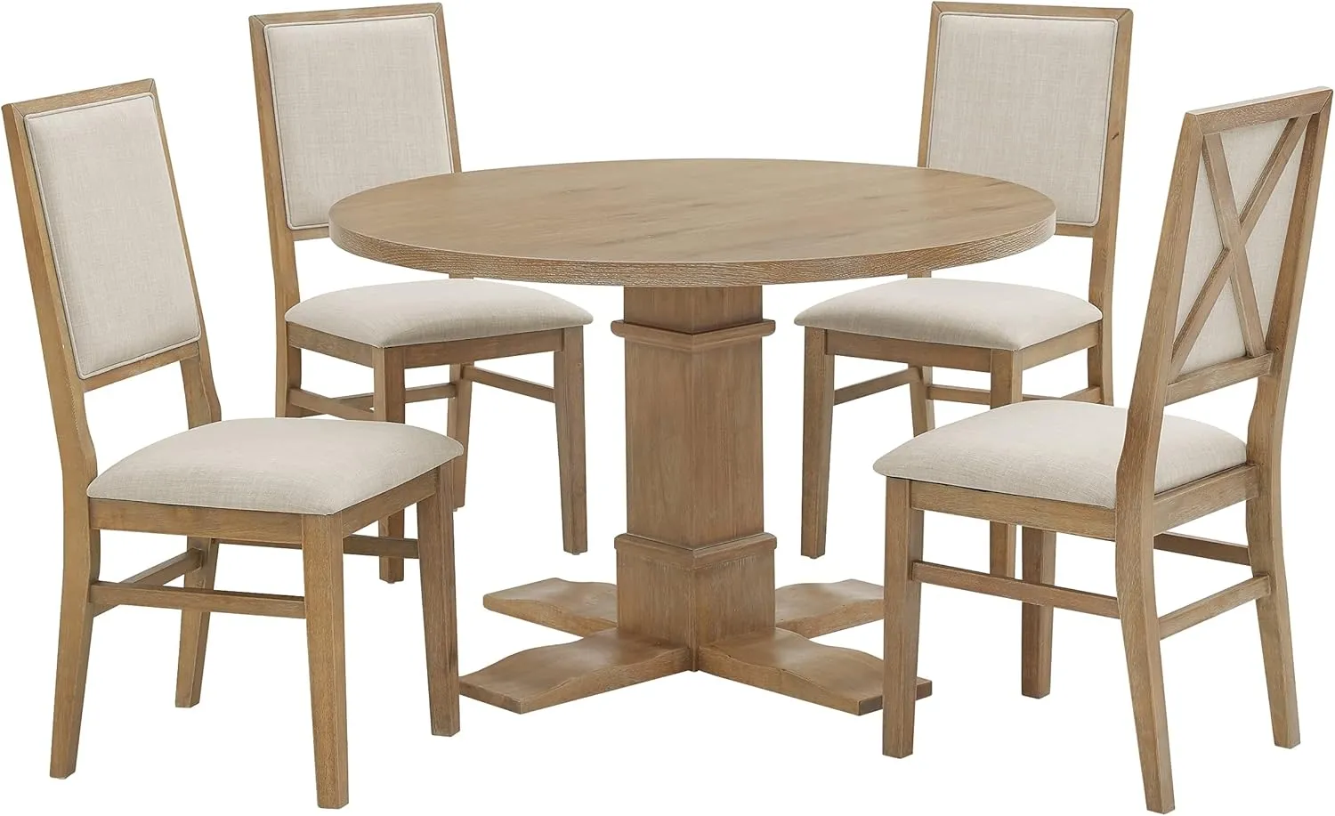 Crosley Furniture Joanna 5-Piece Modern Farmhouse Round Dining Table Set for 4 with Upholstered Chairs, Rustic Brown/Creme