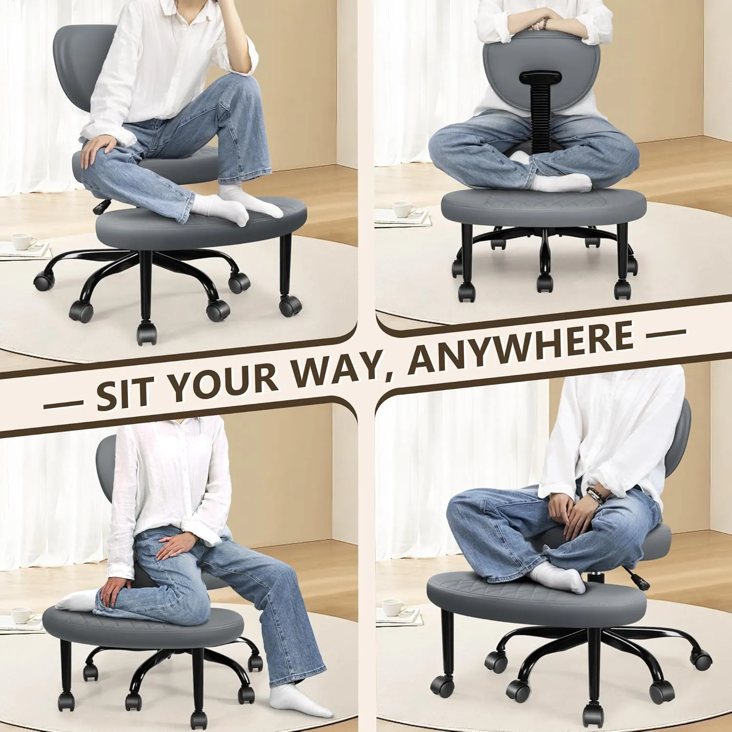Cross-Legged Meditation & Yoga Office Chair - Kneeling Style with Lumbar Support & Adjustable Height - Dark Gray