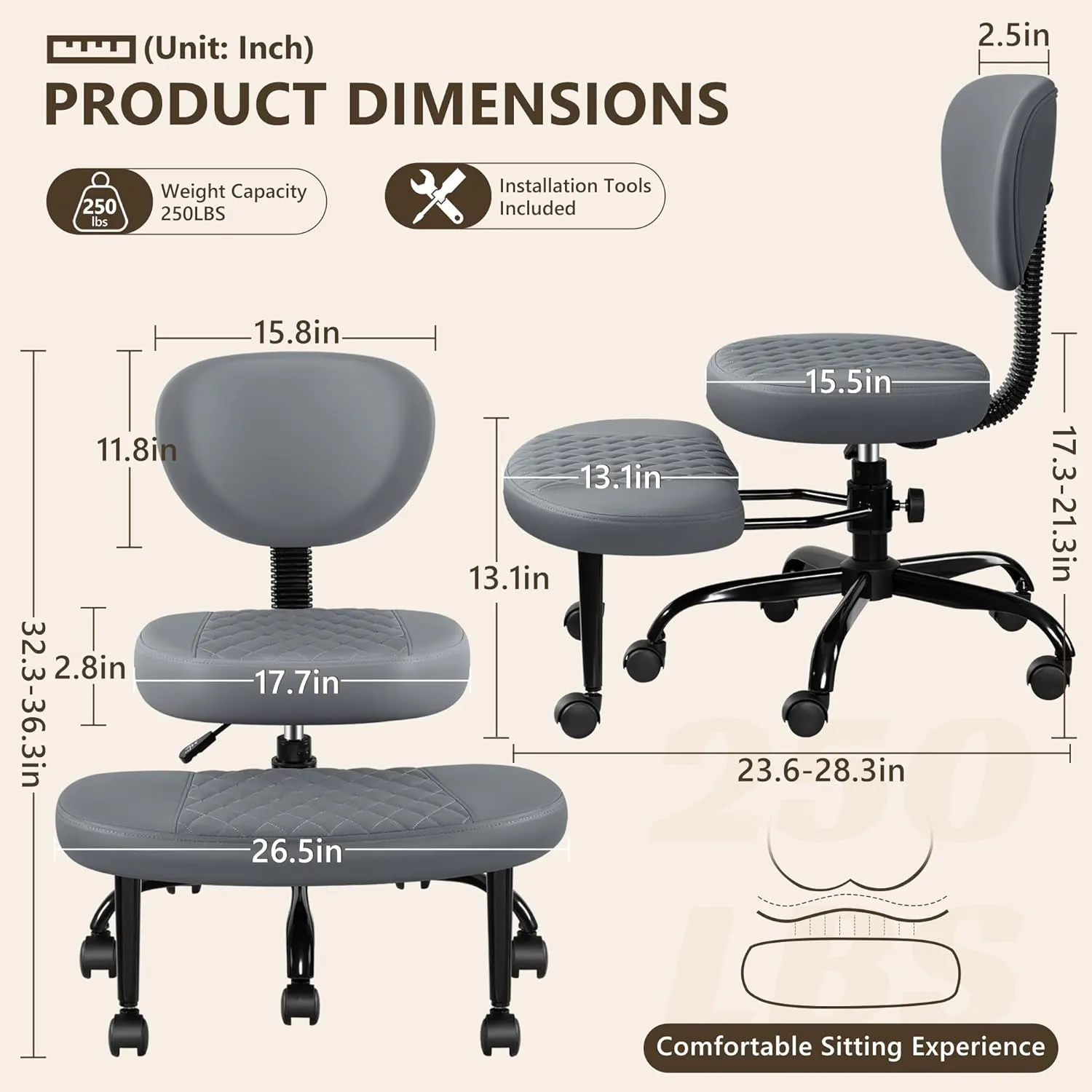 Cross-Legged Meditation & Yoga Office Chair - Kneeling Style with Lumbar Support & Adjustable Height - Dark Gray