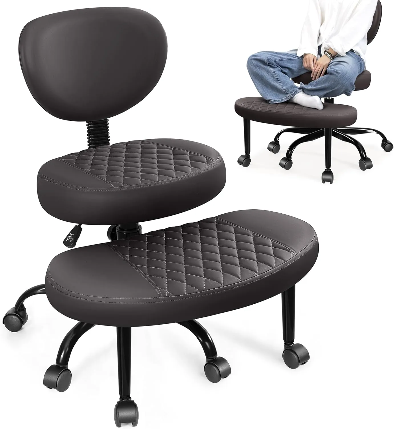 Cross Legged Office Chair with Wheels, Meditation Chair, ADHD Desk Chair for Adults, Adjustable Height Yoga Office Chair, Wide Criss Cross Chair with Lumbar Support, Kneeling Chair-Dark Brown