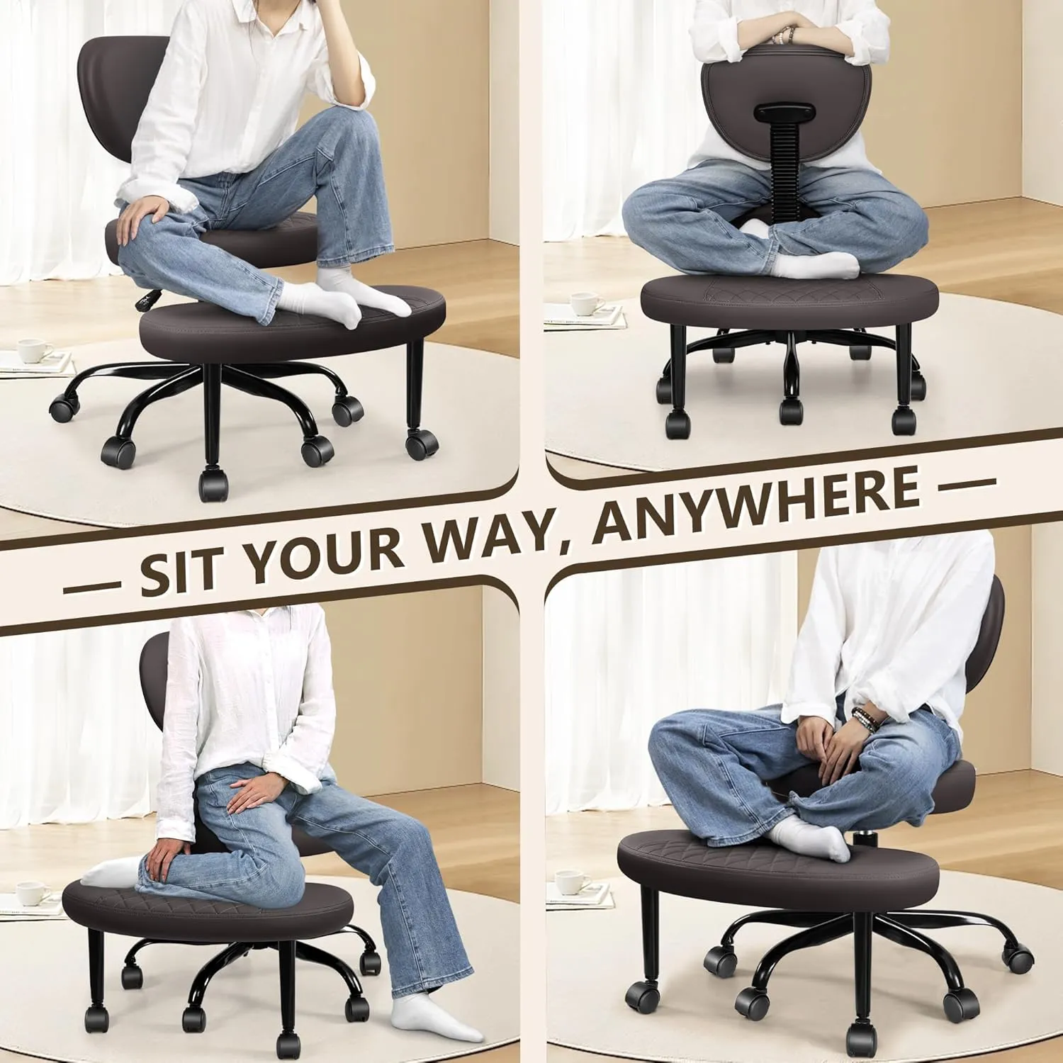 Cross Legged Office Chair with Wheels, Meditation Chair, ADHD Desk Chair for Adults, Adjustable Height Yoga Office Chair, Wide Criss Cross Chair with Lumbar Support, Kneeling Chair-Dark Brown