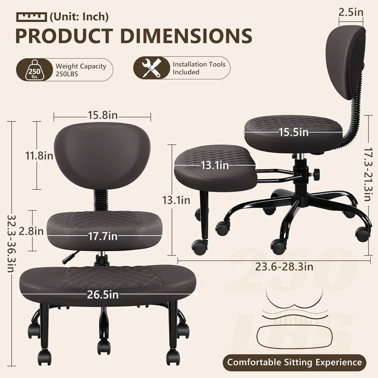 Cross Legged Office Chair with Wheels, Meditation Chair, ADHD Desk Chair for Adults, Adjustable Height Yoga Office Chair, Wide Criss Cross Chair with Lumbar Support, Kneeling Chair-Dark Brown