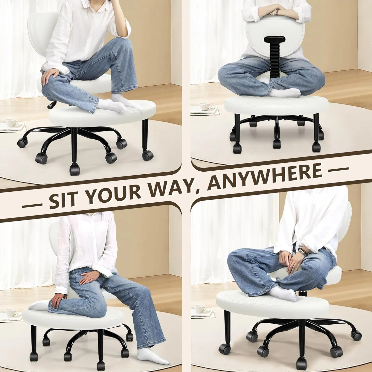 Cross Legged Office Chair with Wheels, Meditation Chair, ADHD Desk Chair for Adults, Adjustable Height Yoga Office Chair, Wide Criss Cross Chair with Lumbar Support, Kneeling Chair-White