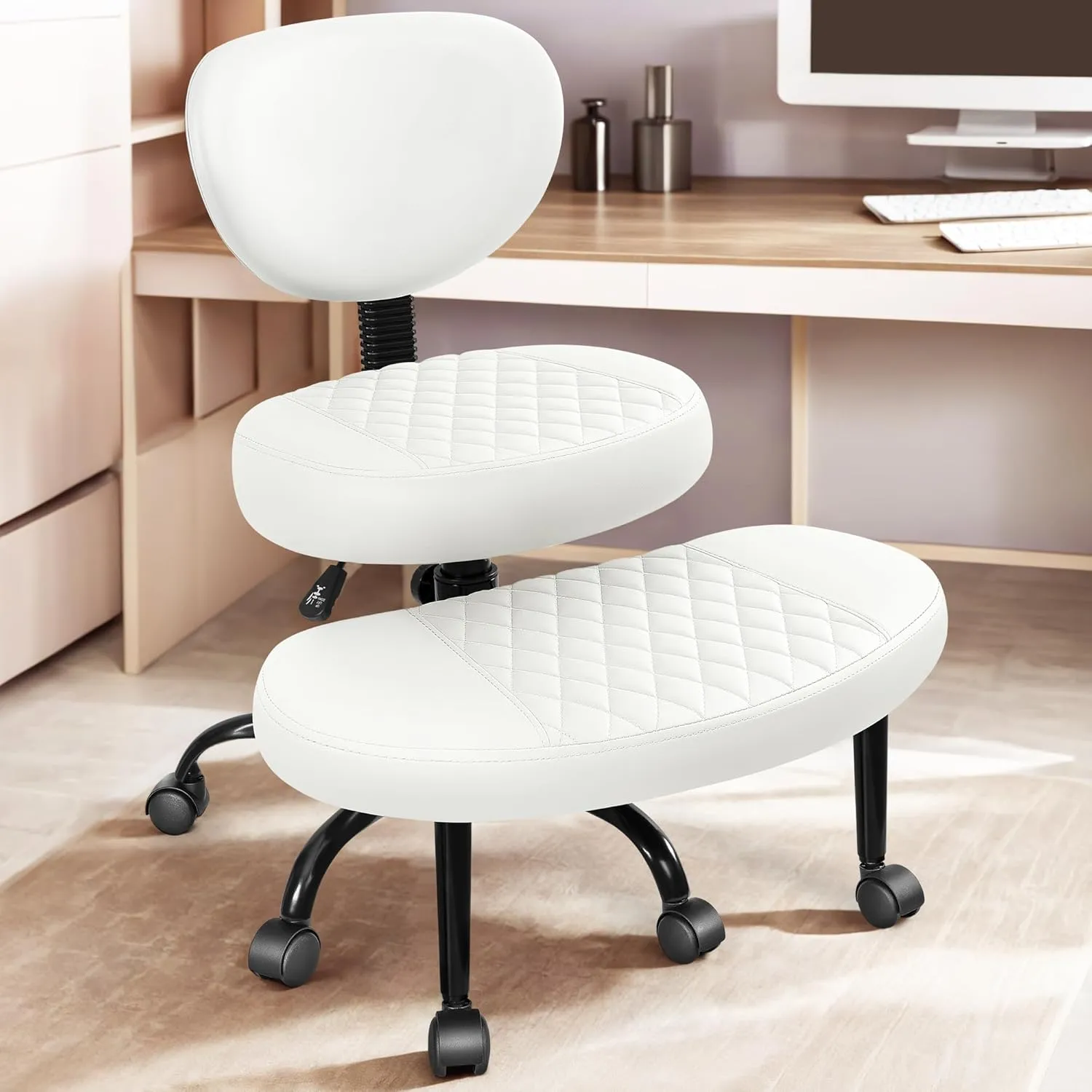 Cross Legged Office Chair with Wheels, Meditation Chair, ADHD Desk Chair for Adults, Adjustable Height Yoga Office Chair, Wide Criss Cross Chair with Lumbar Support, Kneeling Chair-White