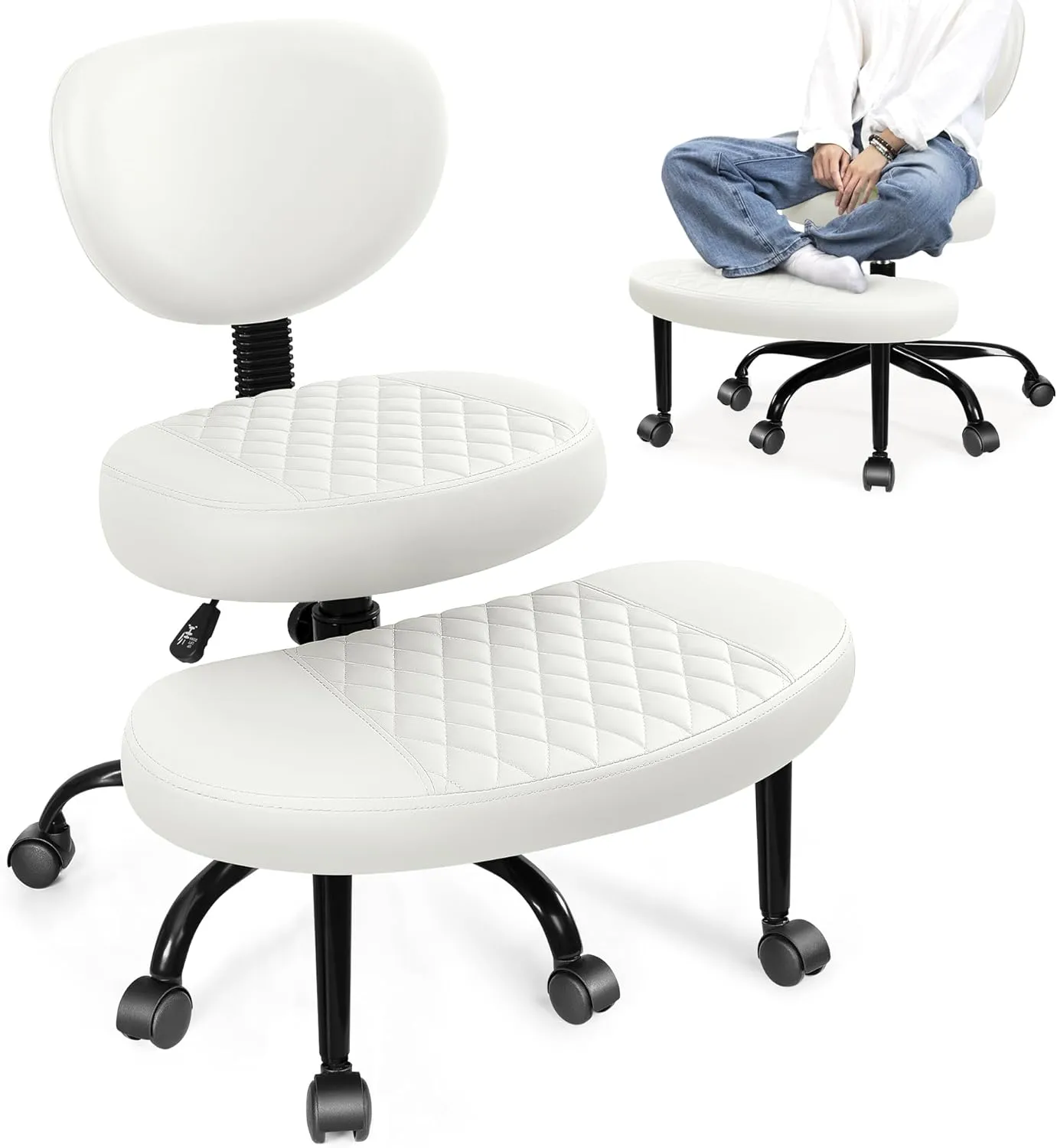 Cross Legged Office Chair with Wheels, Meditation Chair, ADHD Desk Chair for Adults, Adjustable Height Yoga Office Chair, Wide Criss Cross Chair with Lumbar Support, Kneeling Chair-White