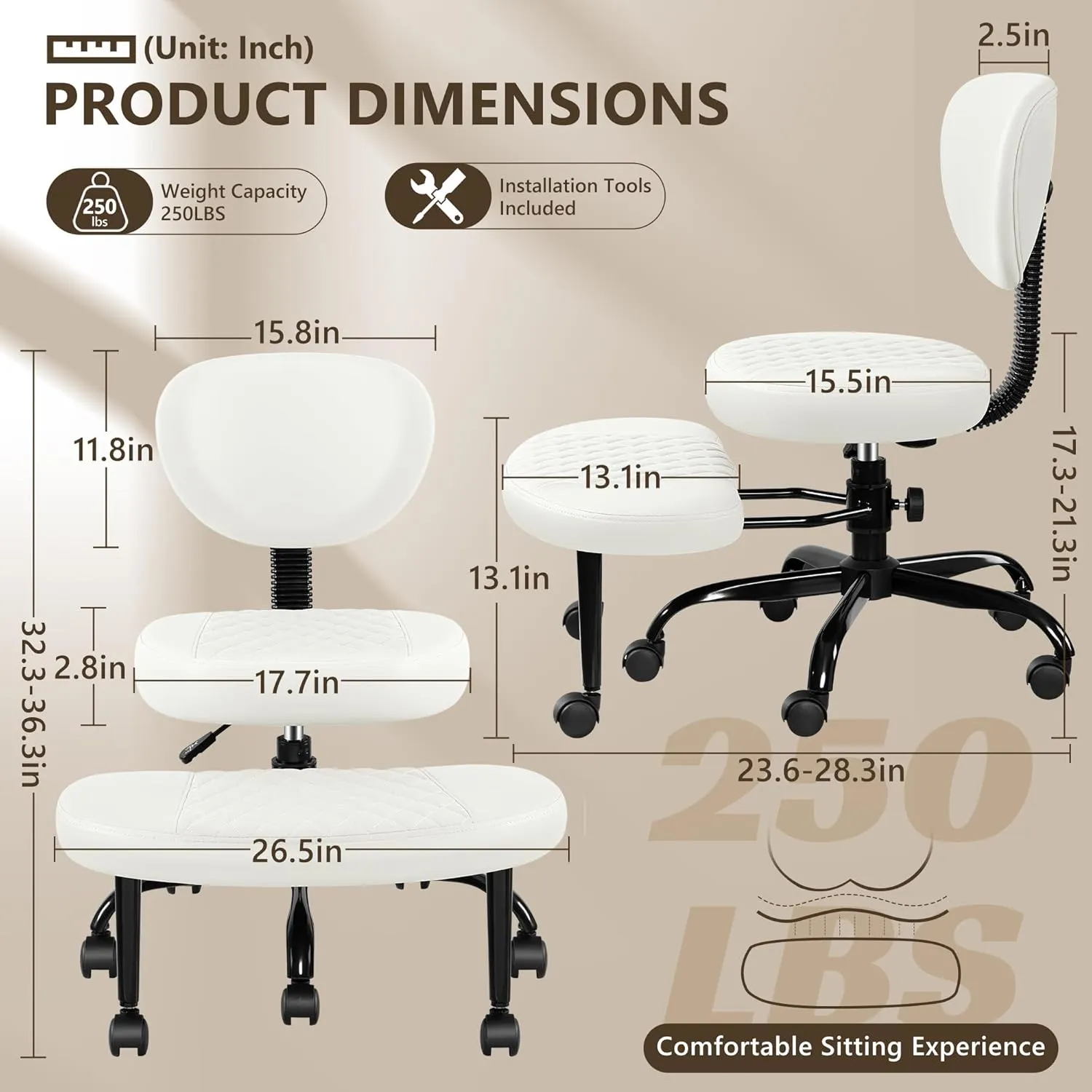 Cross Legged Office Chair with Wheels, Meditation Chair, ADHD Desk Chair for Adults, Adjustable Height Yoga Office Chair, Wide Criss Cross Chair with Lumbar Support, Kneeling Chair-White