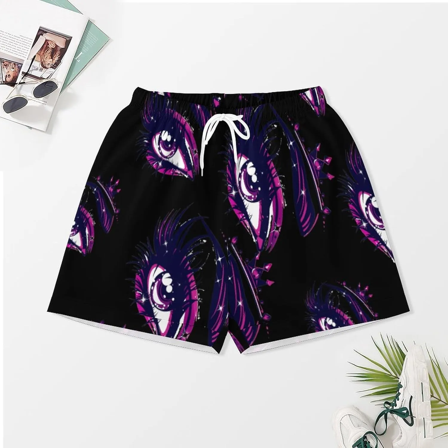 Crowness Eye Lashes & Eyebrow Women's Satin Pajama Set Short Sleeve Button Down Sleepwear Loungewear Pj Set