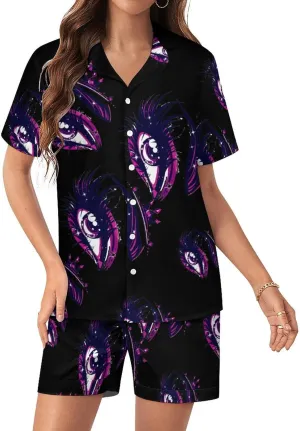 Crowness Eye Lashes & Eyebrow Women's Satin Pajama Set Short Sleeve Button Down Sleepwear Loungewear Pj Set