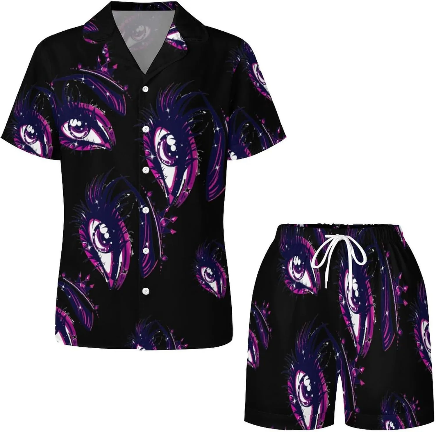 Crowness Eye Lashes & Eyebrow Women's Satin Pajama Set Short Sleeve Button Down Sleepwear Loungewear Pj Set