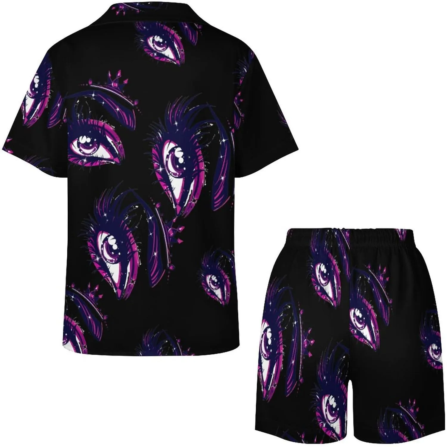 Crowness Eye Lashes & Eyebrow Women's Satin Pajama Set Short Sleeve Button Down Sleepwear Loungewear Pj Set