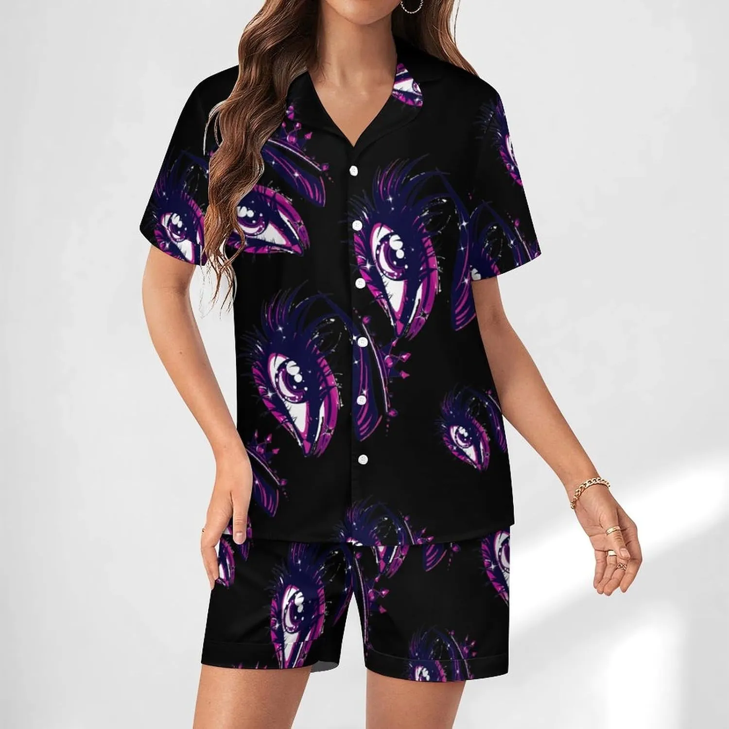 Crowness Eye Lashes & Eyebrow Women's Satin Pajama Set Short Sleeve Button Down Sleepwear Loungewear Pj Set