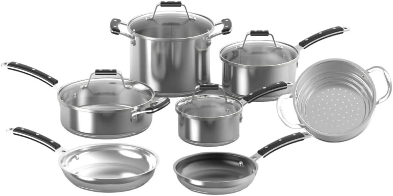 Cuisinart Heritage Stainless Steel Collection of Induction-Ready 11-Piece Set of 1.5 qt and 3 qt. Saucepans, 3.5 qt Saut Pan, 6 qt. Stockpot, 8-Inch and 10-Inch Skillets, Covers, and Steamer Insert