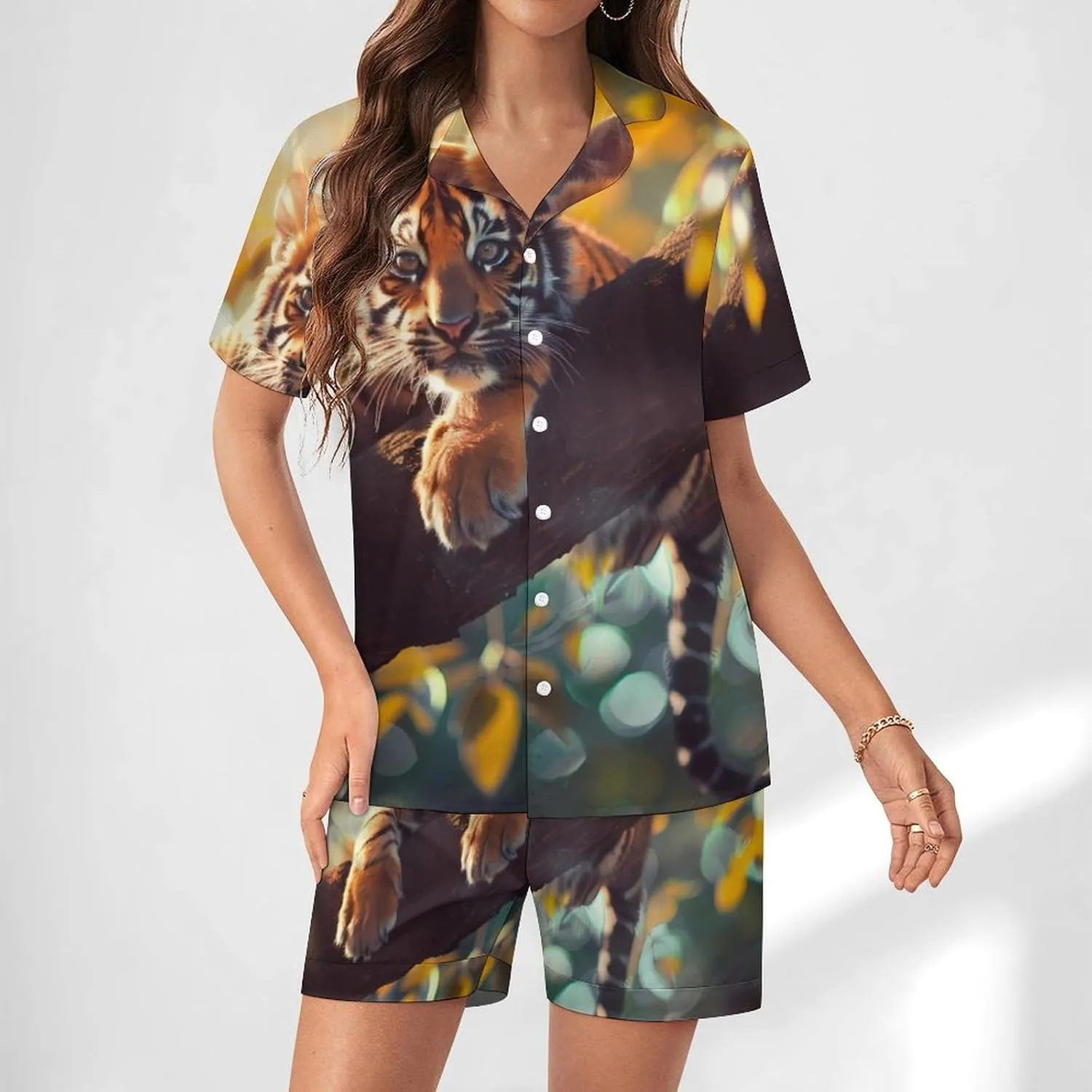 Cute Tiger Women's Satin Pajama Set Short Sleeve Button Down Sleepwear Loungewear Pj Set