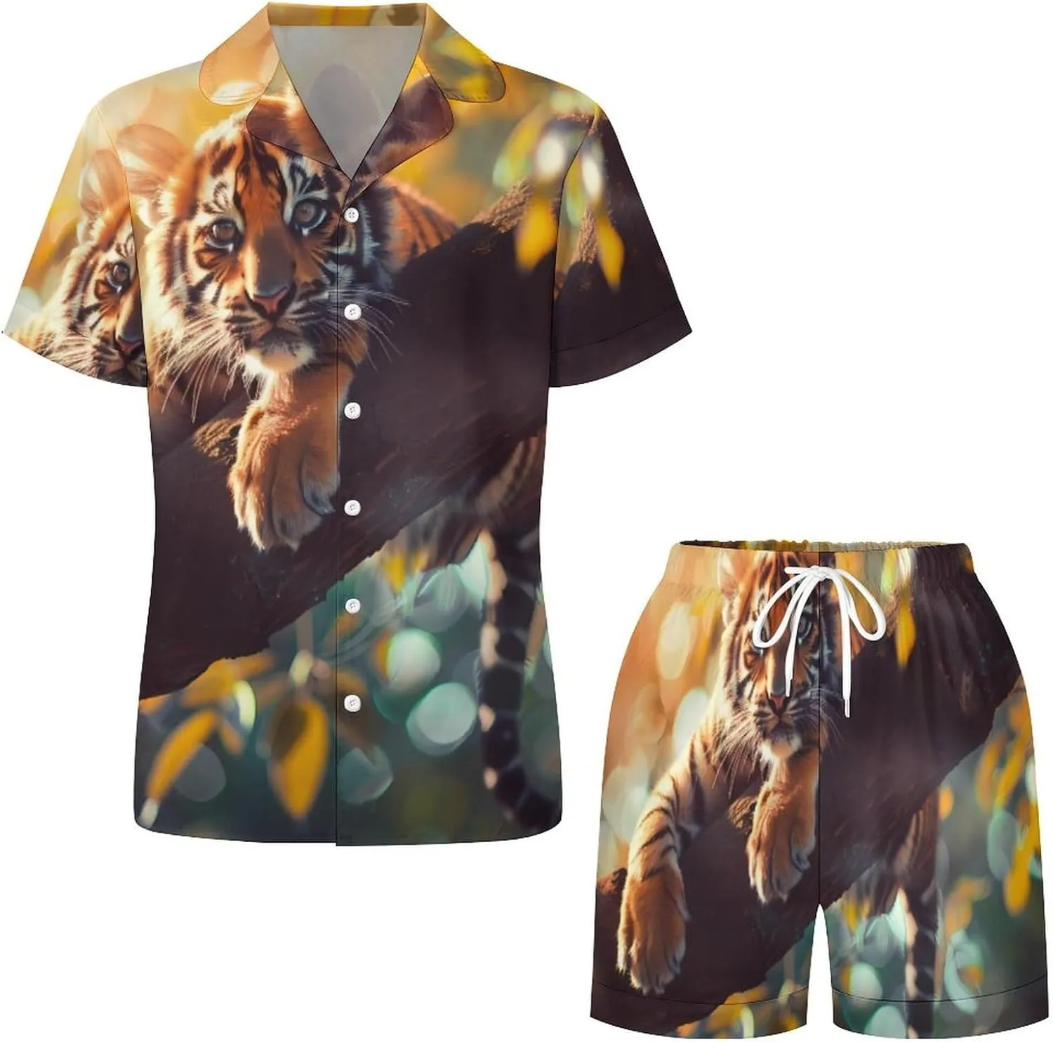 Cute Tiger Women's Satin Pajama Set Short Sleeve Button Down Sleepwear Loungewear Pj Set