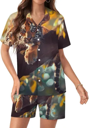 Cute Tiger Women's Satin Pajama Set Short Sleeve Button Down Sleepwear Loungewear Pj Set