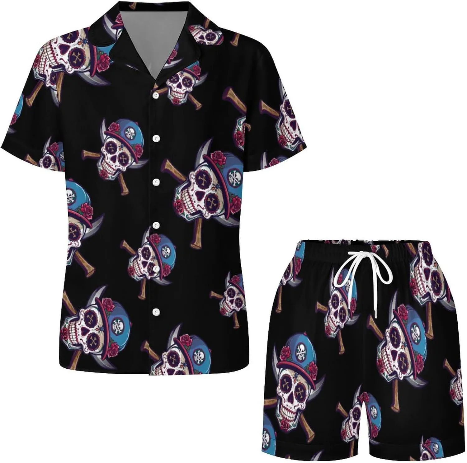Day of The Dead Skull Oakland Women's Satin Pajama Set Short Sleeve Button Down Sleepwear Loungewear Pj Set