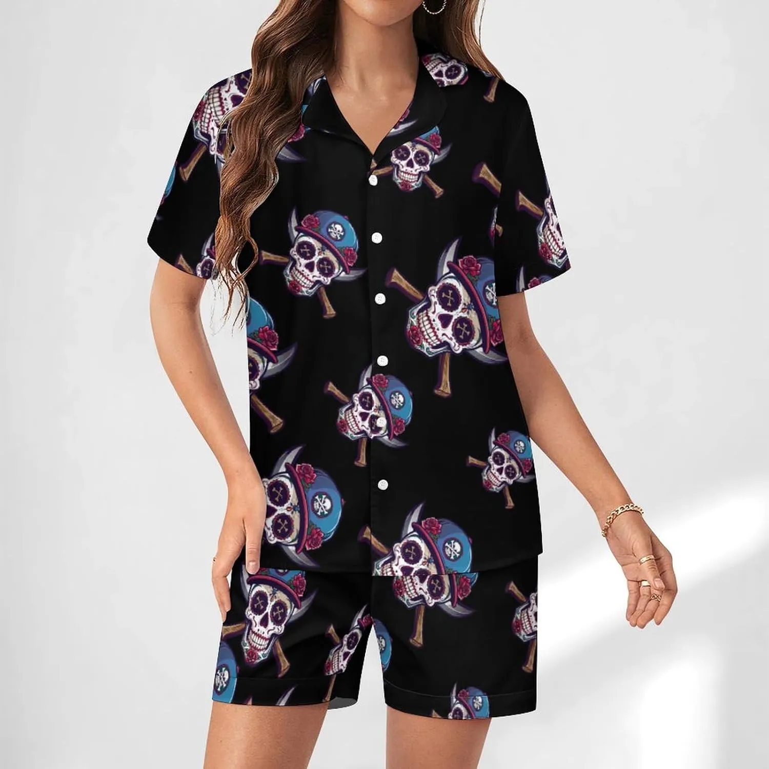 Day of The Dead Skull Oakland Women's Satin Pajama Set Short Sleeve Button Down Sleepwear Loungewear Pj Set