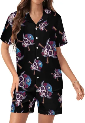 Day of The Dead Skull Oakland Women's Satin Pajama Set Short Sleeve Button Down Sleepwear Loungewear Pj Set