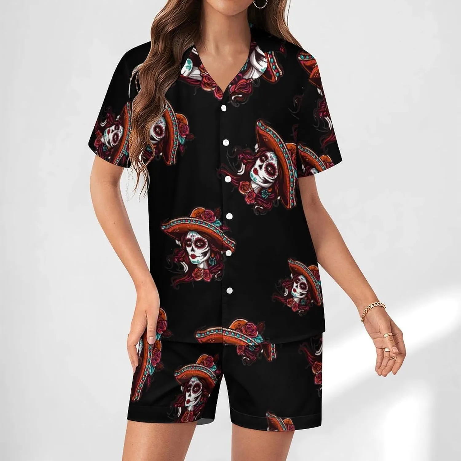 Day of The Dead Skull Women Women's Satin Pajama Set Short Sleeve Button Down Sleepwear Loungewear Pj Set