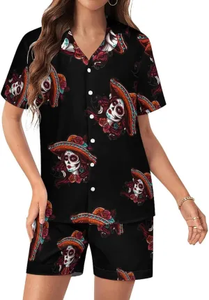Day of The Dead Skull Women Women's Satin Pajama Set Short Sleeve Button Down Sleepwear Loungewear Pj Set