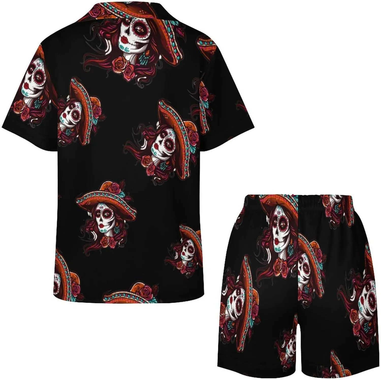 Day of The Dead Skull Women Women's Satin Pajama Set Short Sleeve Button Down Sleepwear Loungewear Pj Set
