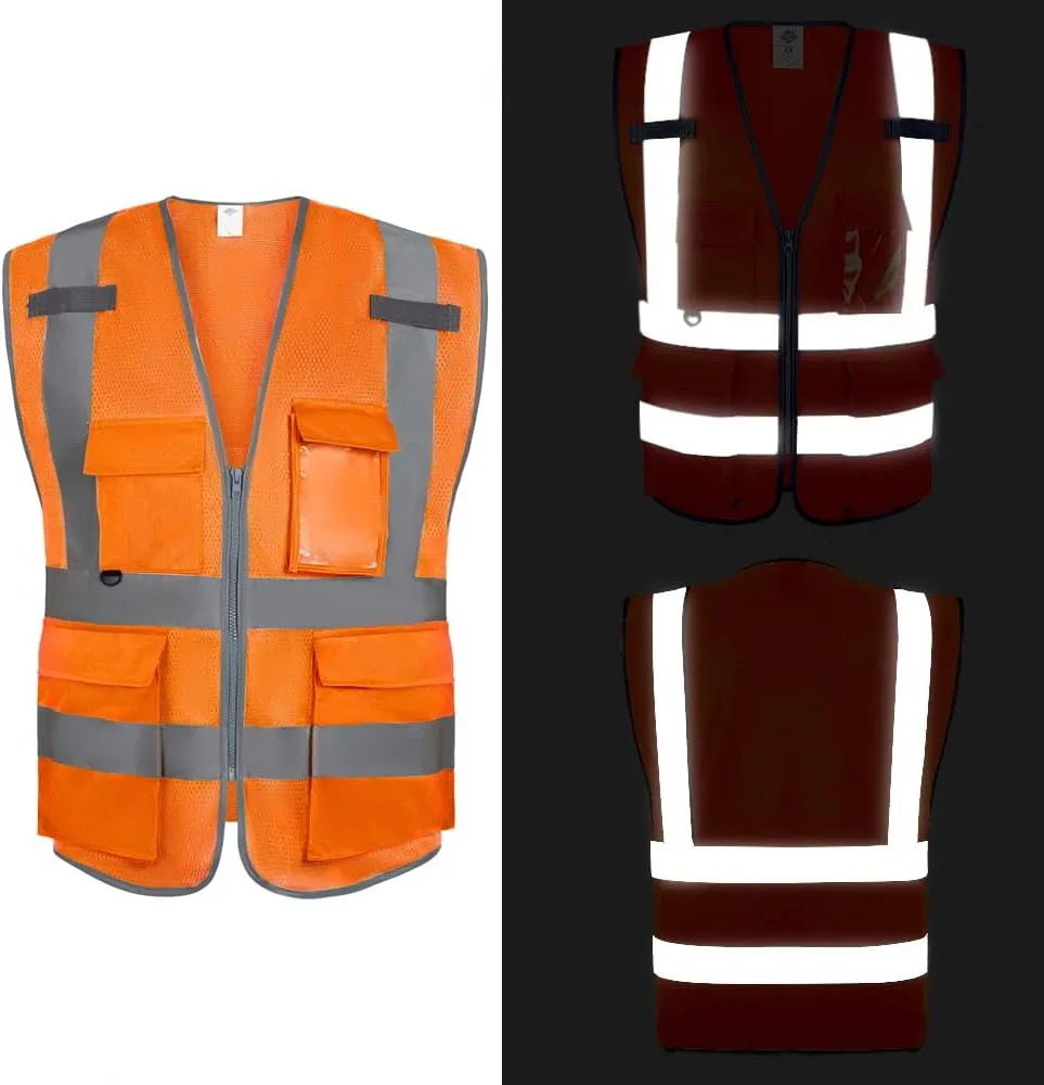 Dazonity High Visibility Mesh Safety Vest with Multi Pockets and Zipper, Fit for Men & Women, Work, Construction, Surveyor