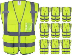 Dazonity High Visibility Safety Vest with Multi Pockets and Zipper, 10 Packs,Reflective Strips, Fit for Men & Women, Work, Construction,Cycling, Runnning, Surveyor, Volunteer (Yellow-XL)