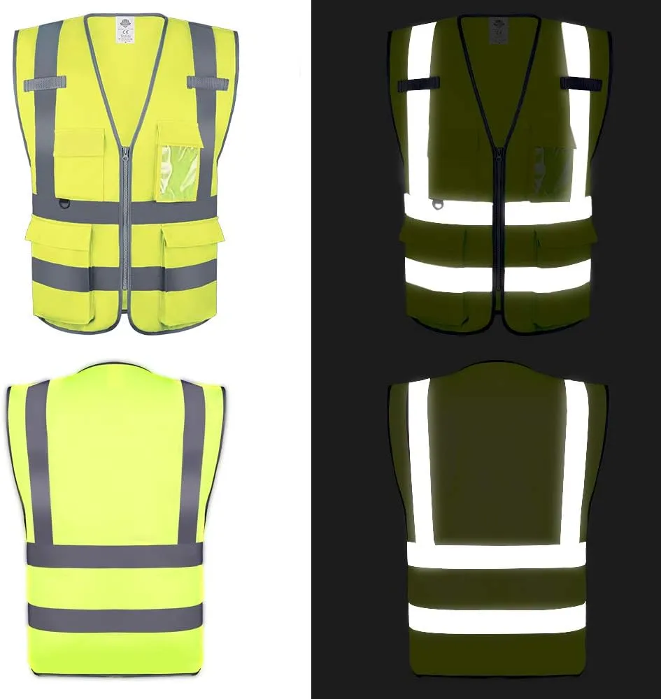 Dazonity High Visibility Safety Vest with Multi Pockets and Zipper, 10 Packs,Reflective Strips, Fit for Men & Women, Work, Construction,Cycling, Runnning, Surveyor, Volunteer (Yellow-XL)