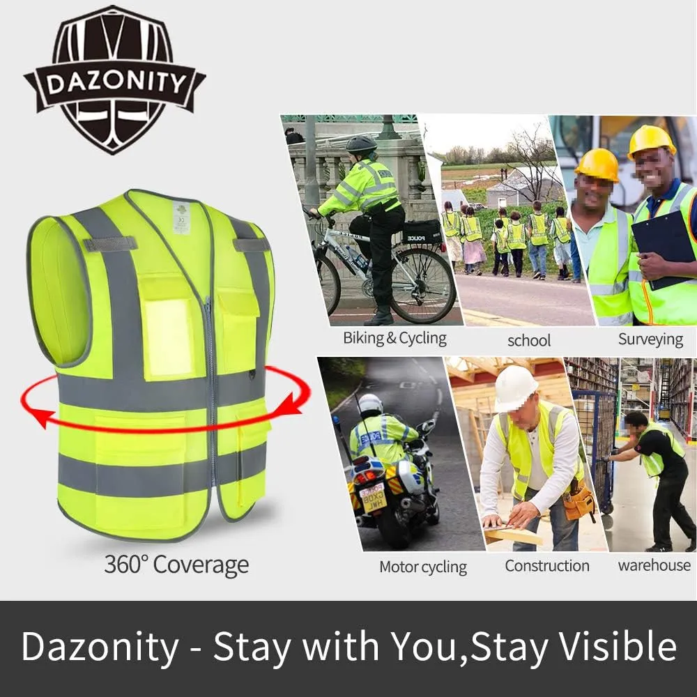 Dazonity High Visibility Safety Vest with Multi Pockets and Zipper, 10 Packs,Reflective Strips, Fit for Men & Women, Work, Construction,Cycling, Runnning, Surveyor, Volunteer (Yellow-XL)