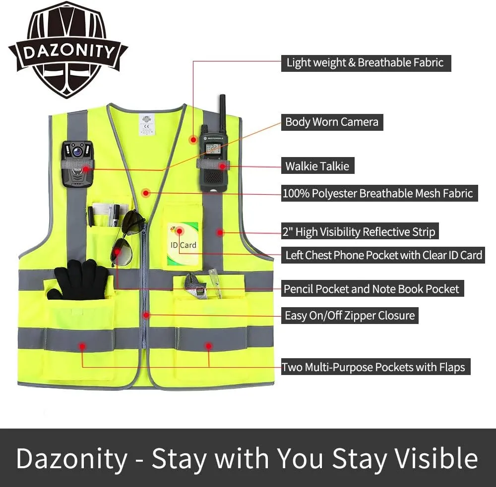 Dazonity High Visibility Safety Vest with Multi Pockets and Zipper, 10 Packs,Reflective Strips, Fit for Men & Women, Work, Construction,Cycling, Runnning, Surveyor, Volunteer (Yellow-XL)