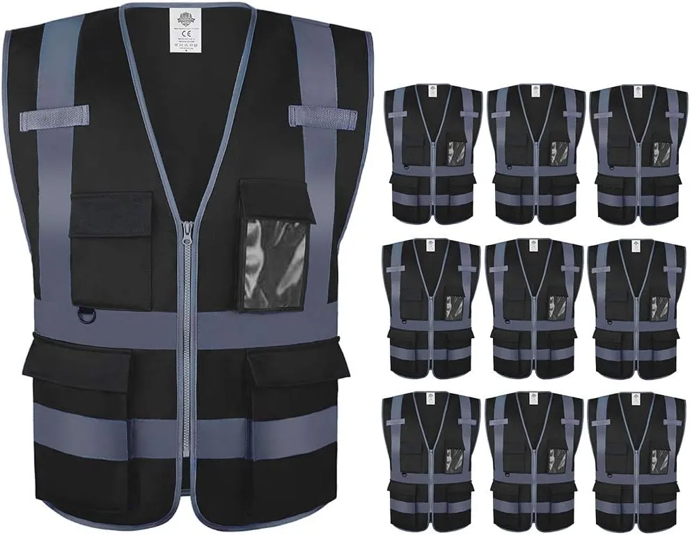 Dazonity Safety Vest with Pockets & Zipper,10 Pcs, Reflective, for Construction(Black-2XL)