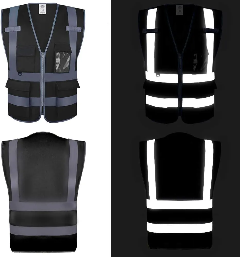 Dazonity Safety Vest with Pockets & Zipper,10 Pcs, Reflective, for Construction(Black-2XL)