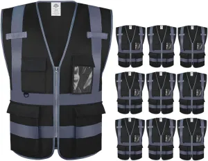 Dazonity Safety Vest with Pockets & Zipper,10 Pcs, Reflective, for Construction(Black-2XL)