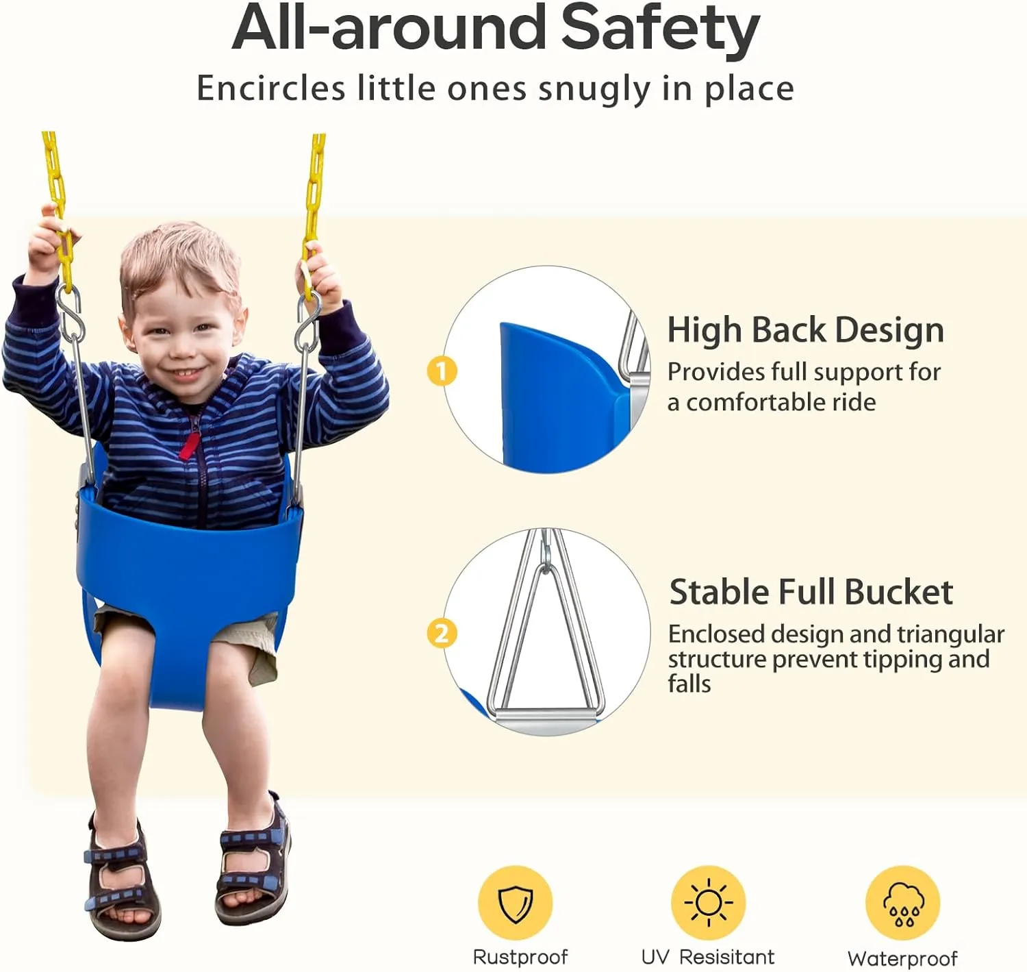 DECORLIFE Toddler Swing Seat, Outdoor Baby Swing with Coated Chains, Heavy Duty High Back Full Bucket Swing Chair with Ant-Loosening Carabiners, Fully Assembled Swingset Accessories for Backyard, Blue